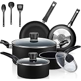 SereneLife Kitchenware Pots &amp; Pans Basic Kitchen Cookware, Black Non-Stick Coating Inside, Heat Resistant Lacquer (11-Piece Set), One Size, Black