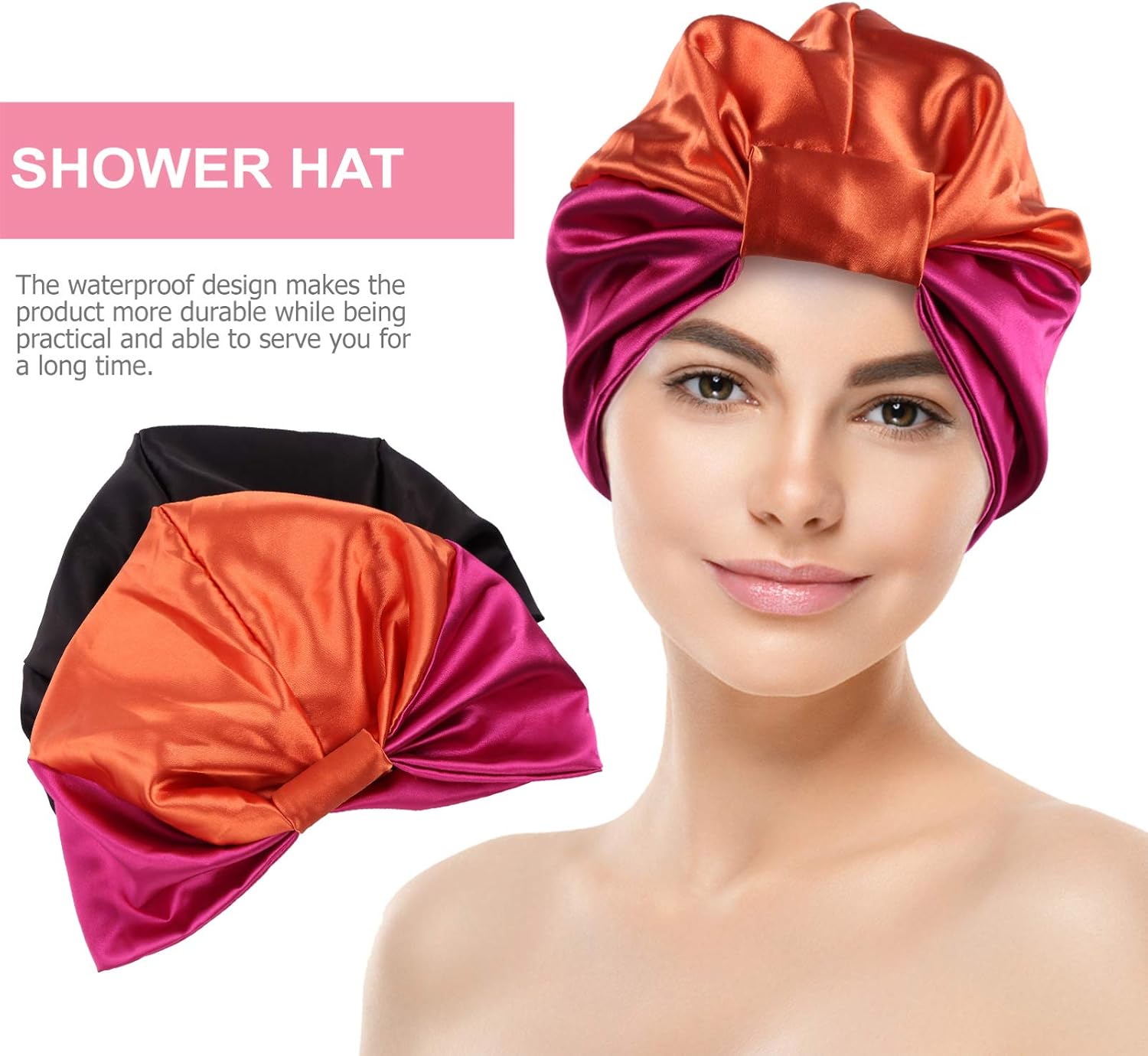 FRCOLOR Silk Bonnet Sleeping Cap for Natural Hair,Wide Band Satin Bonnet Hair Loss Caps Soft Hair Turbans Night Head Cover,2pcs (Black,Orange) - Image 5