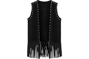 PISTHA Women's Fringe Vest 70s Hippie Rivets Tassel Vest Sleeveless Western Cowgirl Costume for Halloween and Hippie Party