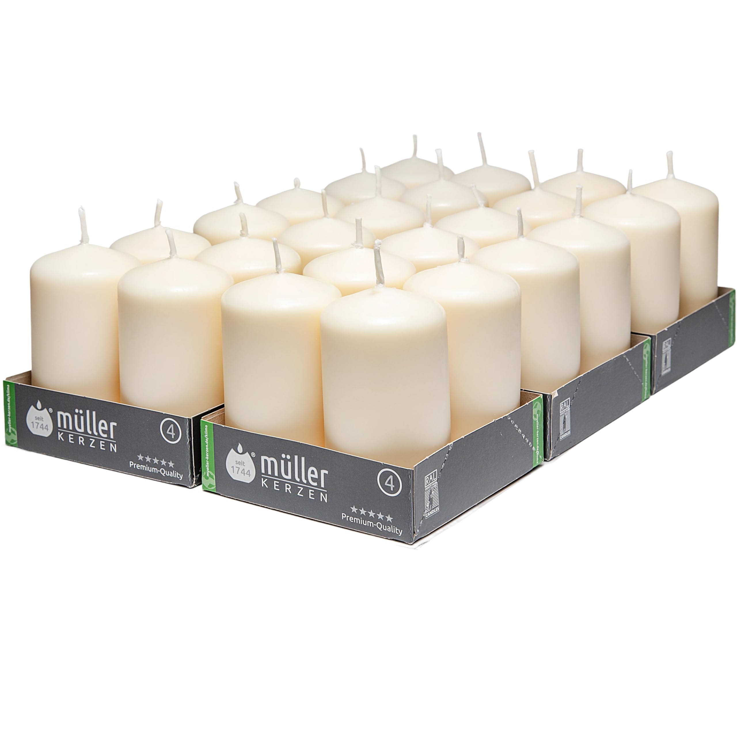 Müller Small Pillar Candle - Pack of 24 Unscented Ivory Candles - 4,8 x 9 Cm - 16 Hours Burn Time Candles for Decoration - No Drip Wax - Smokeless Wick - RAL Quality - Made in Germany
