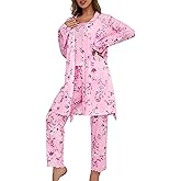 Tenna Teki 3-Piece Women's Floral and Butterfly Print Pajama Set, Long Pants & Belted Robe