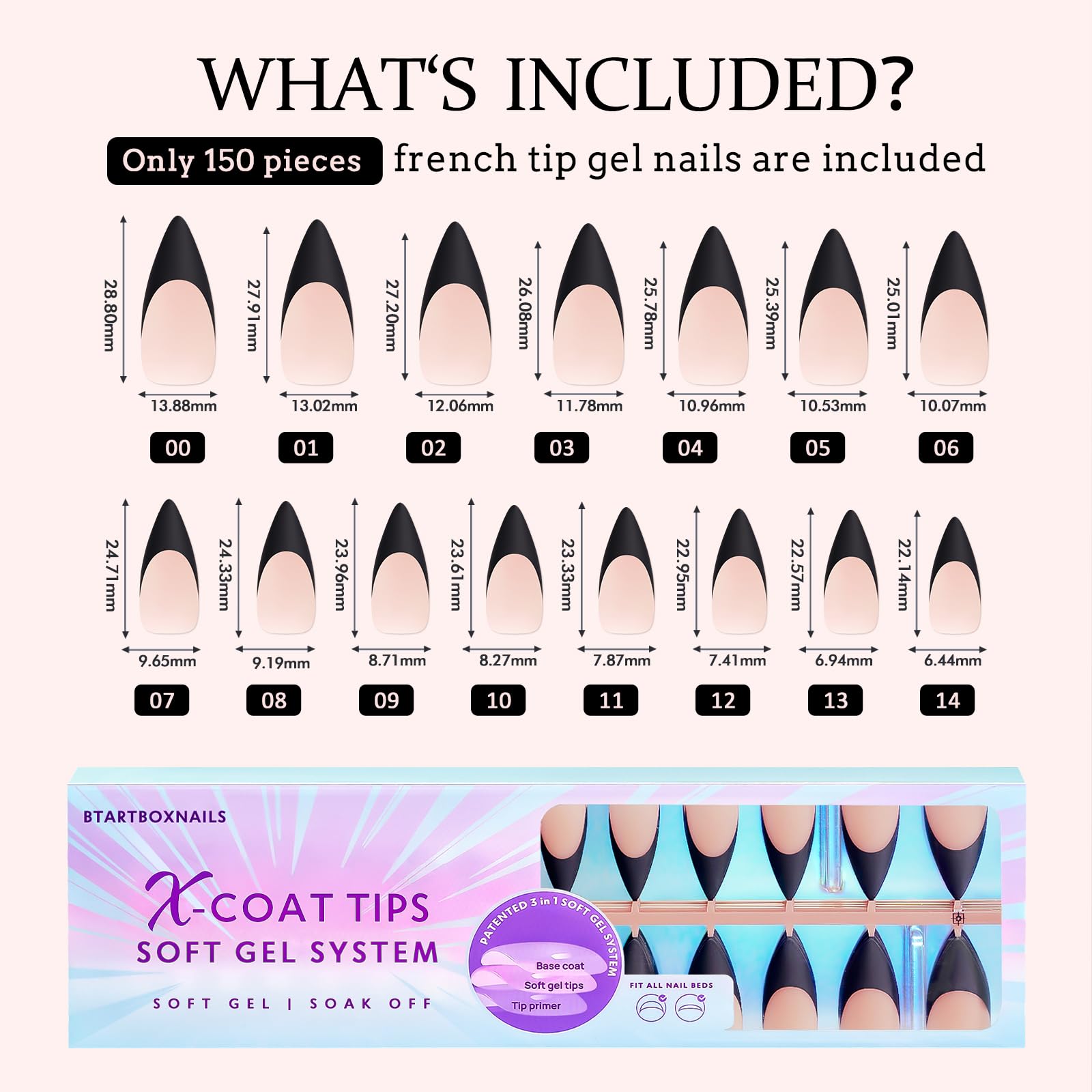 btartboxnails Press On Nails Long - 3 In 1 Black French Tips X-coat Tips, Halloween Nude Soft Gel Stiletto Nail Soak Off Acrylic Fake Glue 15 Sizes 150 Extension Set - Image 7