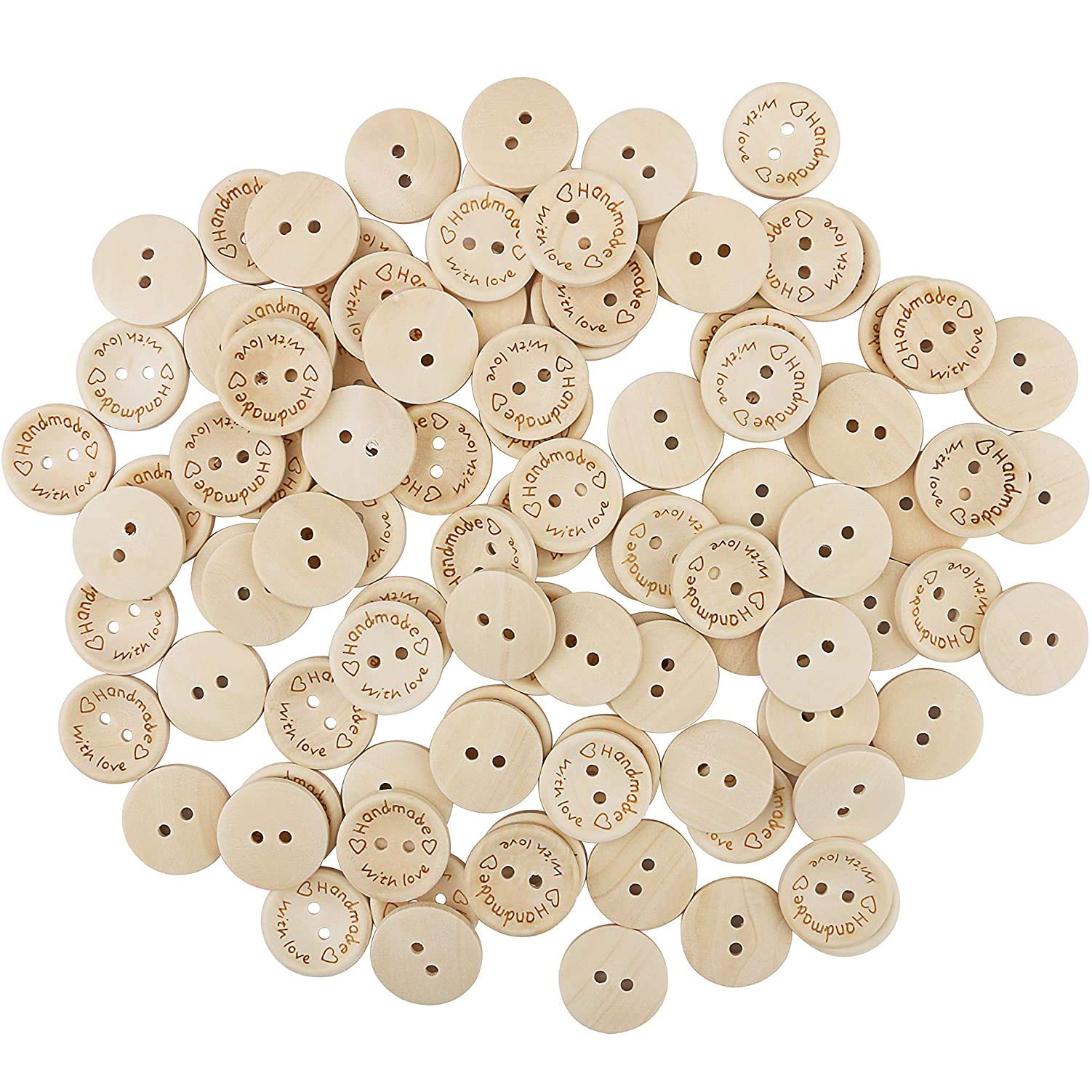 Handmade Wooden Buttons - 15mm Round, 2 Holes, Perfect for Knitting, Sewing, Crafts & Decorations - 100 Pieces