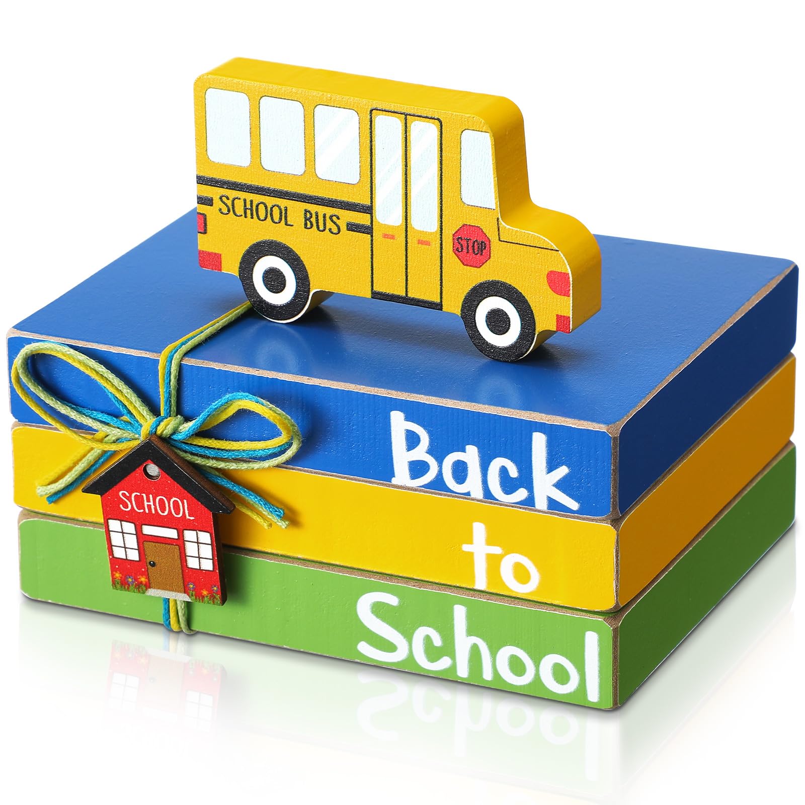 Photo 1 of Pinkunn 4 Pcs Back to School Wooden Table Decorations School Bus Decor Tray Book Wood Stacks Books Classroom Decor Wood Stacks Books Centerpiece for Classroom Cafeteria Centerpiece