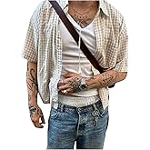 GORGLITTER Men's Cropped Button Down Shirt Plaid Y2k Short Sleeve Pocket Patched Gingham Collar Tops Streetwear