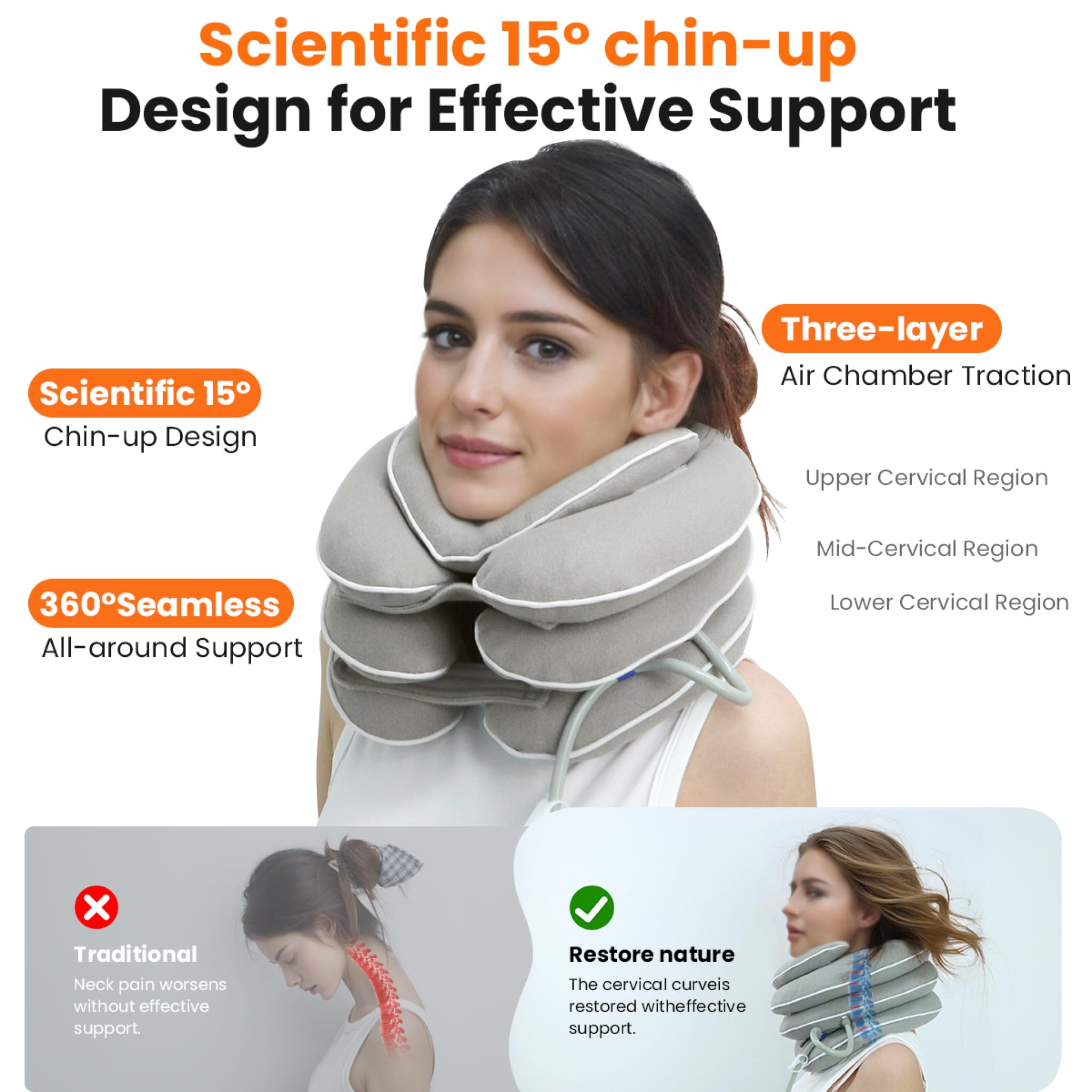 Neck Stretcher with Neck Brace,Cervical Traction Neck Device,Neck Relief Tool,Adjustable Inflatable Cervical Brace,Home Use Neck Decompression New Technology Breathable Fabric Washable(Gray)