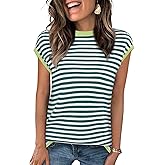 Kopinma Cap Sleeve Tops for Women Summer Striped Short Sleeve Sweater Top Crew Neck Sleeveless Vest Spring Going Out Shirts