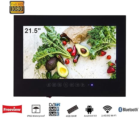 Soulaca 21.5-Zoll Smart Android IP66 Wasserdichter Badezimmer Fernseher, mit Stylische Schwarze Front, 1080P, mit Wi-Fi/Integ