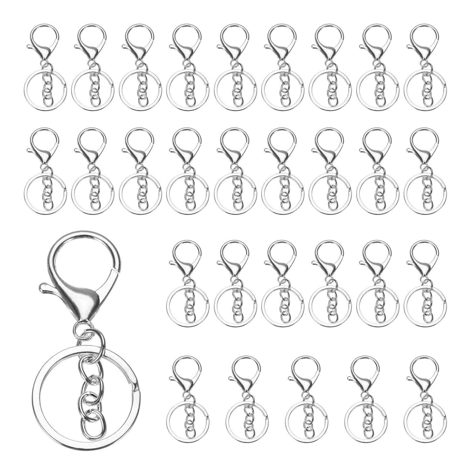 uxcell Lobster Claw Clasps Keychain, 30 Pcs Lobster Claw Clasp Hook with Flat Split Keychain Ring and Chain for DIY Craft Key Chain Accessories, Silver
