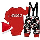 WIQI My First Christmas Baby Boy Outfit Long Sleeve Baby Romper Reindeer Santa Pattern Suspender Pants 3PCS Clothing Set