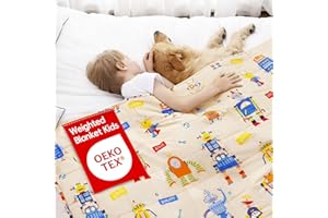 ROKDUK Weighted Blanket Kids 2 Pounds 36x48 in 100% Oeko-Tex Natural Egyptian Cotton 1200TC Toddler Weighted Blanket Glass Beads Small Heavy Blanket Throw Cartoon Printed Yellow Cream Robot