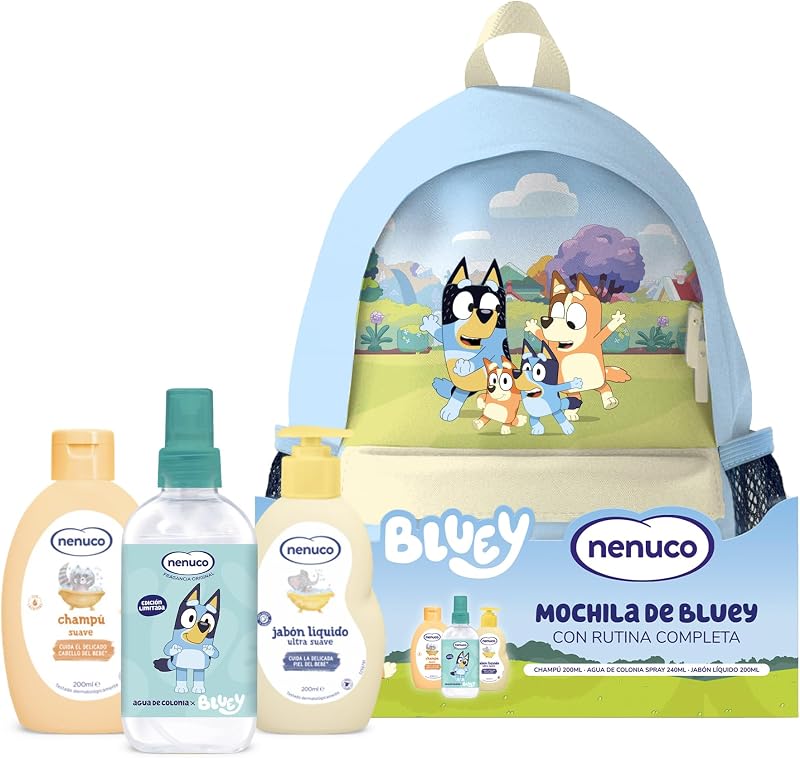 Pack Infantil Mochila Bluey – Edición Limitada, con Champú Suave 200 ml, Jabón Líquido 200 ml y Colonia Nenuco 240 ml
