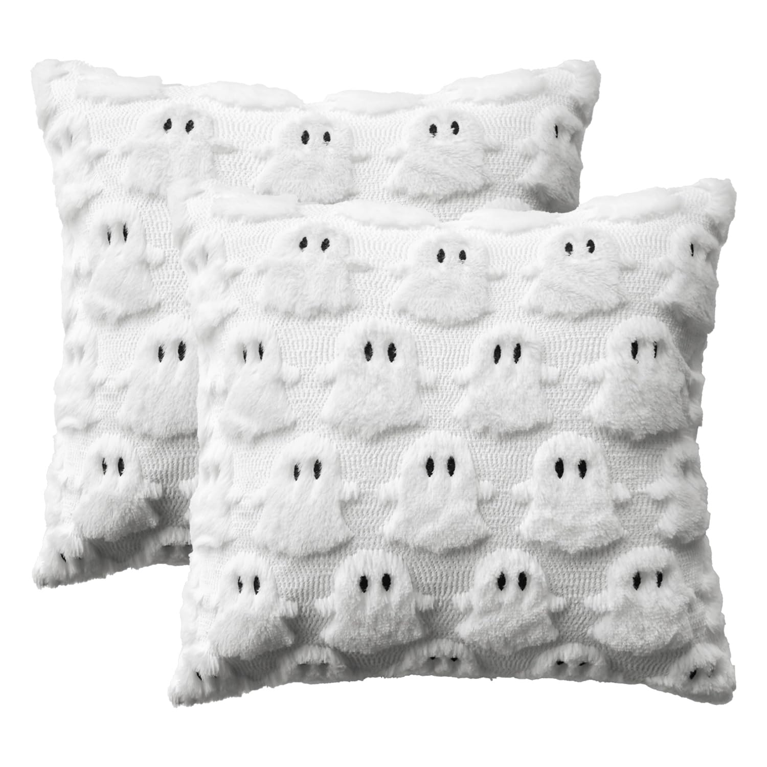 Photo 1 of AVOIN colorlife Halloween Ghost White Throw Pillow Cover Set of 2, 18 x 18 Inch Soft Plush Faux Fur Jacquard Spooky Cushion Case Decoration for Sofa Couch