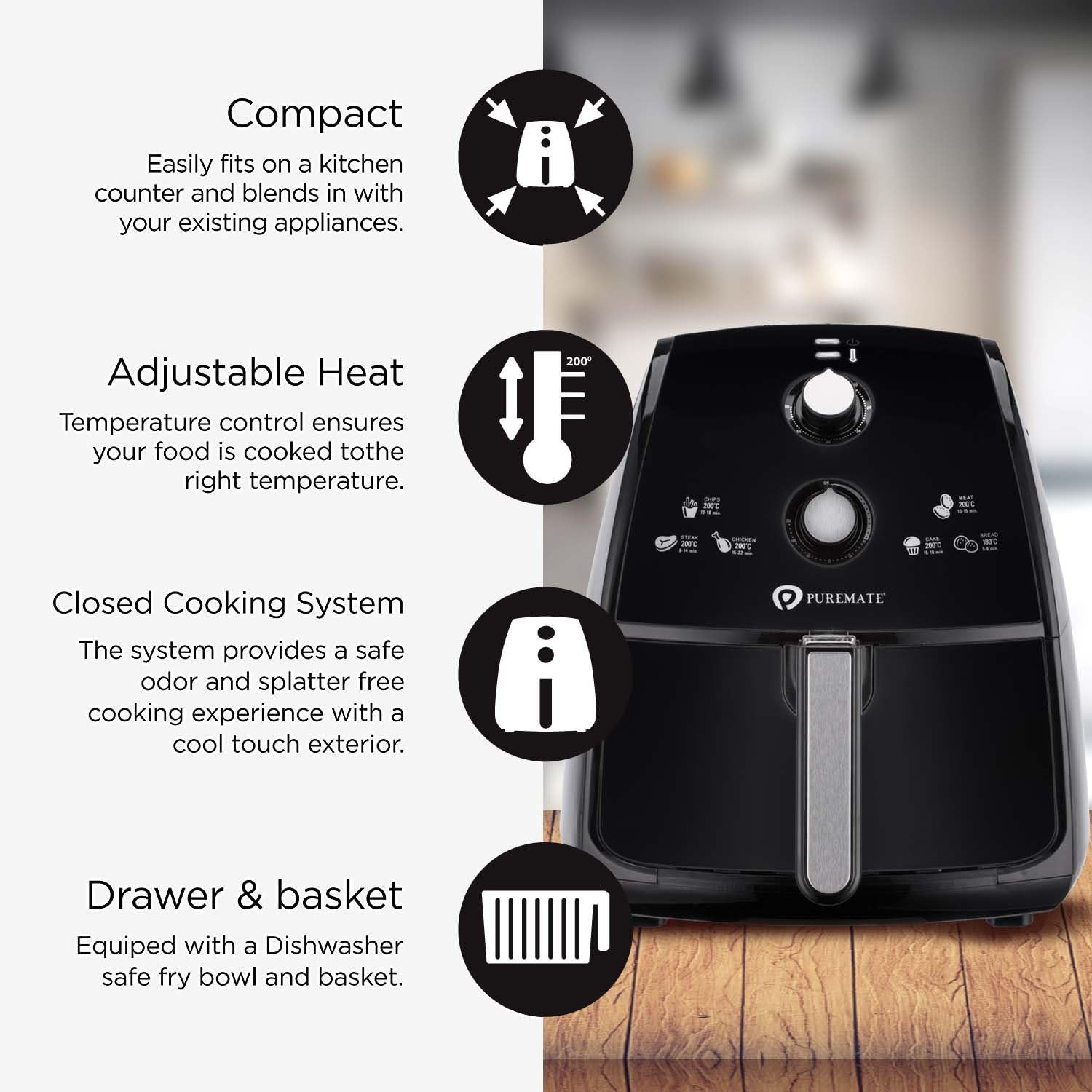 PureMate Air Fryer with Digital Display & Recipes Book, 5.5L Healthy Oil Free 1700W Air Fryer with 7 Preset - Image 5