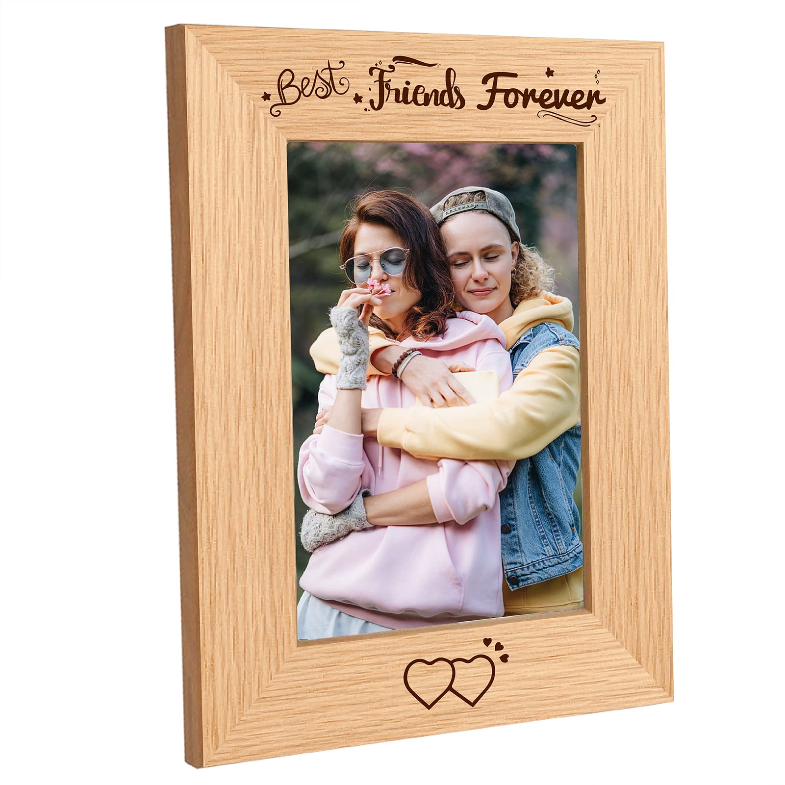 CREATCABIN Solid Wood Photo Frame 6x8 inch Love Best Friends Forever Natural Horizontal Poster Frame Standing Freestanding Wall Mountable Vintage Wooden Picture Frames High Definition Glass