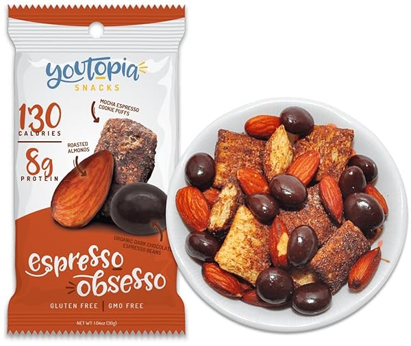 YOUTOPIA HEALTHY OFFICE SNACK MIX, 130 CALORIES, LOW SUGAR, LOW CALORIE, GLUTEN FREE & GMO FREE, HEART HEALTHY SNACK, ESPRESSO OBSESSO TRAIL MIX, 1 OZ, PACK OF 10