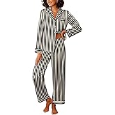 Ekouaer Womens Silk Satin Pajama Sets 2 Piece Sleepwear Pjs Set Long Sleeve Button Down Top and Pants Stripe Loungewear S-XXL