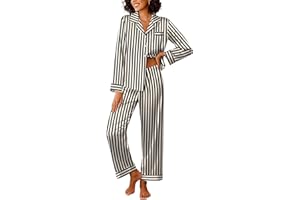 Ekouaer Womens Silk Satin Pajama Sets 2 Piece Sleepwear Pjs Set Long Sleeve Button Down Top and Pants Stripe Loungewear S-XXL