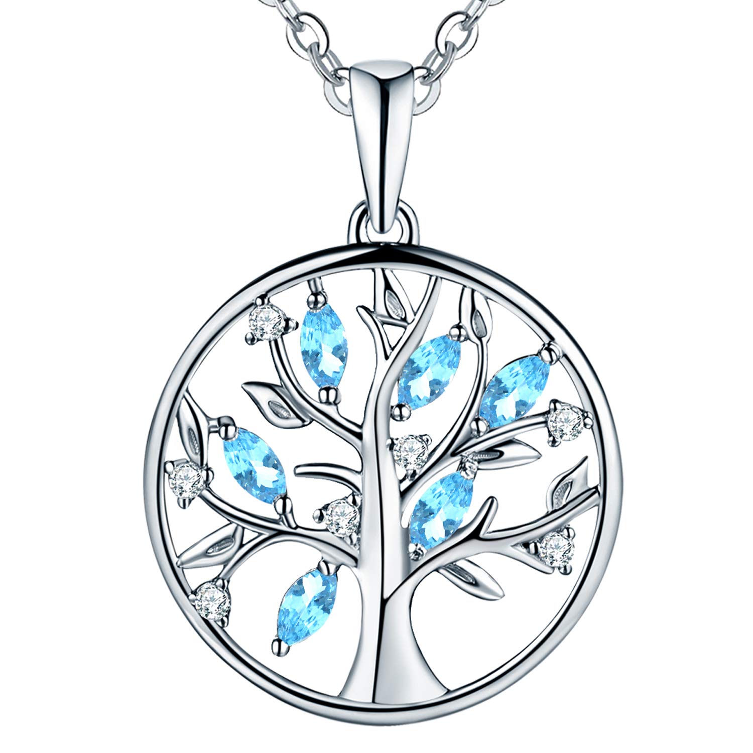 JO WISDOM Tree of Life Necklace,925 Sterling Silver March Birthstone Aquamarine Color Family Tree Coin Pendant Necklace — image 1