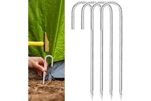 KVVOUBES Rebar Stakes 12Inch,J Hook Heavy Duty Galvanized Ground Anchors Rebar Tent Stakes 4 Pack for Feed Garden Trampoline Tarps and Yard Art Camping Tents Swings Football Nets Nflatable Decorations