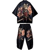 Mens Kimono Set Japanese Kimono Shirt & Shorts 2 Piece Summer Beach Outfits | Lightweight 3/4 Sleeve Open Front Cardigan Pants Suits Chinese Print Silky Yukata Haori Happi Coat Casual Pajama Streetwear