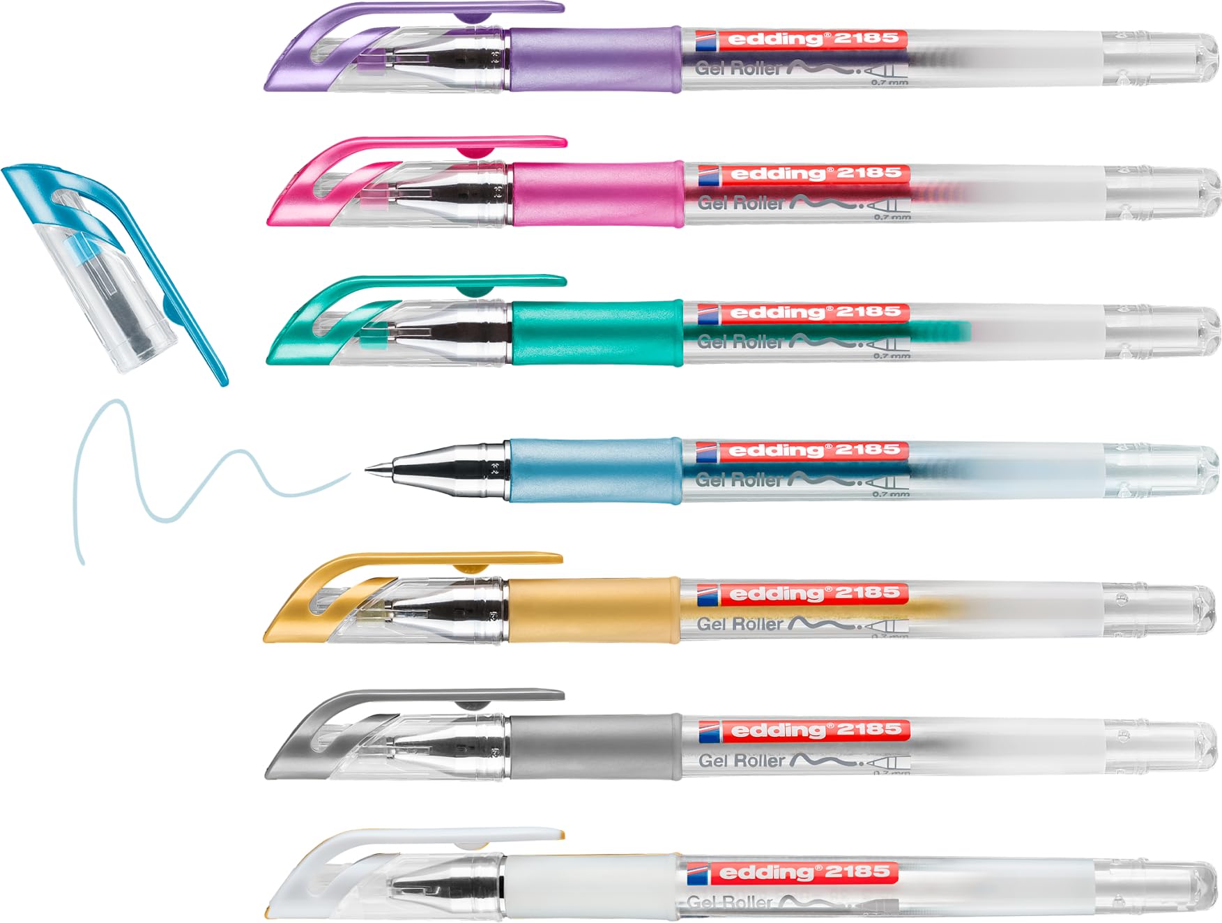Edding 2185 Gel Roller - 7 Color Set (White, Gold, Silver, Blue, Green, Pink, Violet) - 0.7mm Glitter Gel Pen for Writing, Drawing, Colouring Mandalas, Bullet Journals