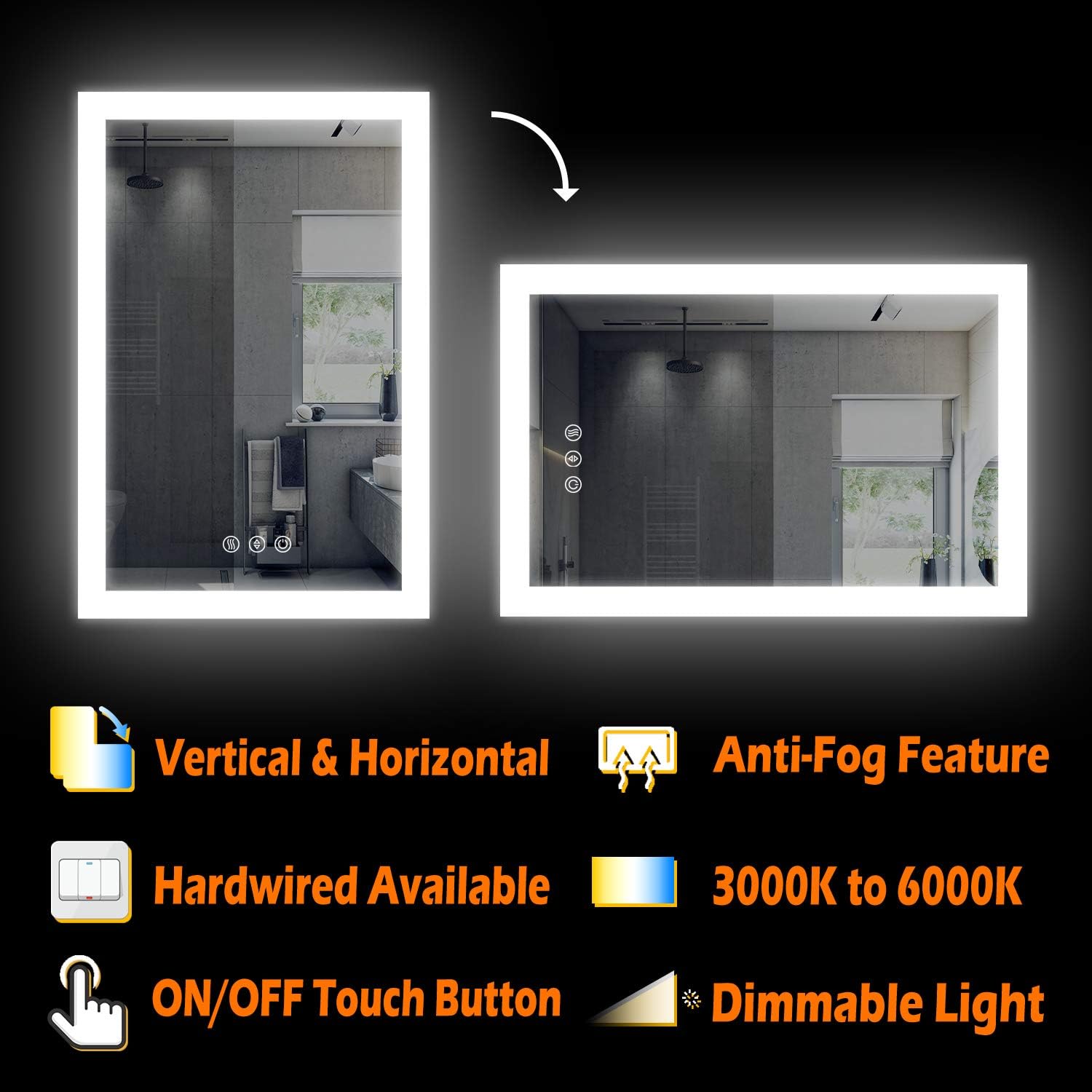 D'amour 24X36 Inch Horizontal&Vertical Wall Mounted LED Lighted Bathroom Mirror, Led Backlit Mirror with Dimmable&Defogger Touch Button, Mirror Lights Color Adjustable, CRI 90, ETL, UL Listed: Furniture & Decor