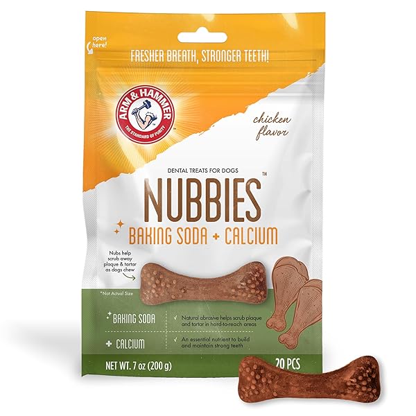 ARM & HAMMER FOR PETS NUBBIES DENTAL TREATS – BAKING SODA & CALCIUM DOG DENTAL CHEWS, NUBBED TEXTURE HELPS SCRUB PLAQUE & TARTAR WHILE CHEWING, CHICKEN FLAVOR, 20 COUNT, 7 OUNCE