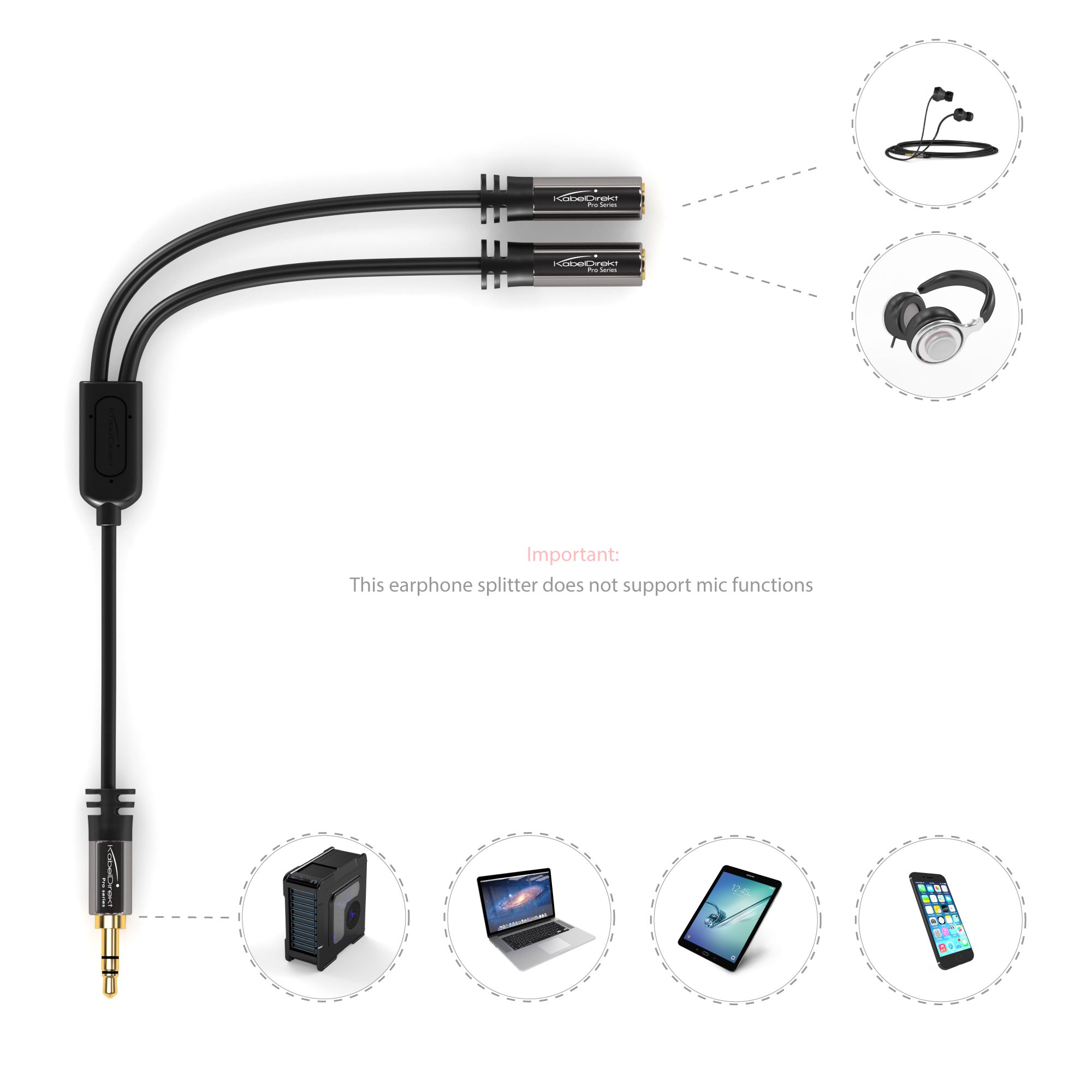 Y Stereo Splitter (1 x 3.5mm Male to 2 x 3.5mm Female, PRO Series) supports (Produces Equal Audio Output for Headphones, Earphones, and Speakers) by KabelDirekt