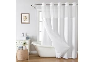 eachope No Hook Waffle Weave Shower Curtain with Snap-in Fabric Liner Set,White Shower Curtains for Bathroom with See Through Top Window,Water Repellent & Washable,71Wx74H