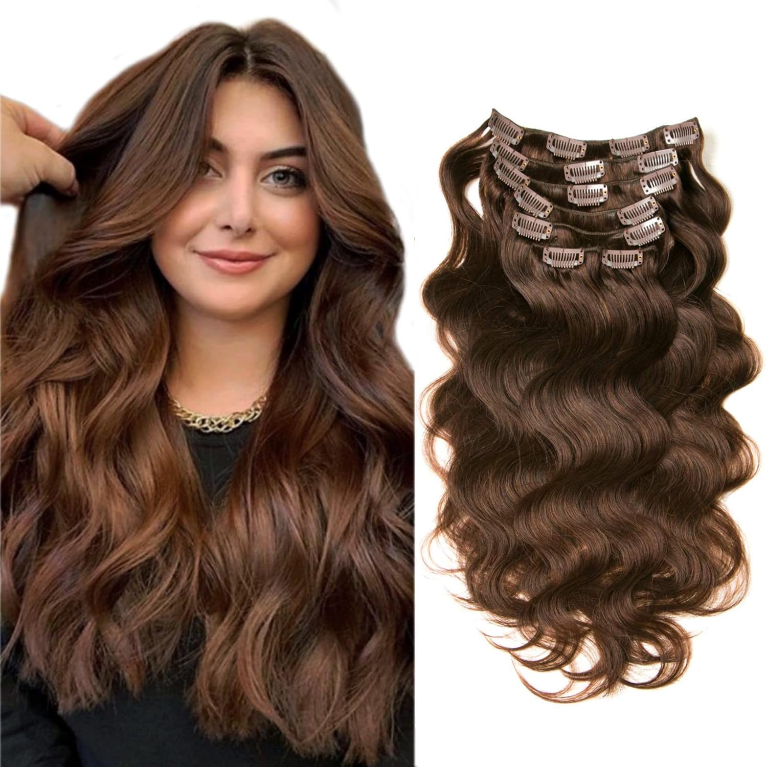 Clip in Hair Extensions 7pcs 70g Clip in Hair Extensions Human Hair Body Wave Clip Ins for Women (2# Dark Brown, 22Inch)