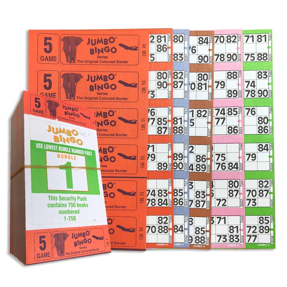 Jumbo Bingo 750 BOOKS 5 PAGE GAME STRIPS OF 6 TV TICKET SHEET BIG BOLD NUMBERS