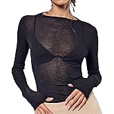 QJQ Women's Sheer Mesh Long Sleeve T Shirts Crewneck See Through Shirts Going Out Party Club Outfits