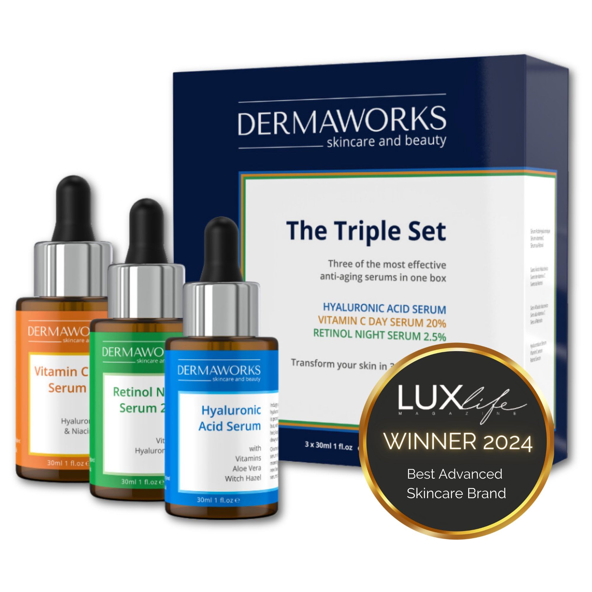 FACE SERUM SKINCARE SET - 3 Powerful Anti Aging Face Serums - Vitamin C with Niacinamide + Retinol with Vitamin E + Hyaluronic Acid Hydrating Serum - Skin Care Set Gift for Women & Men by DERMAWORKS