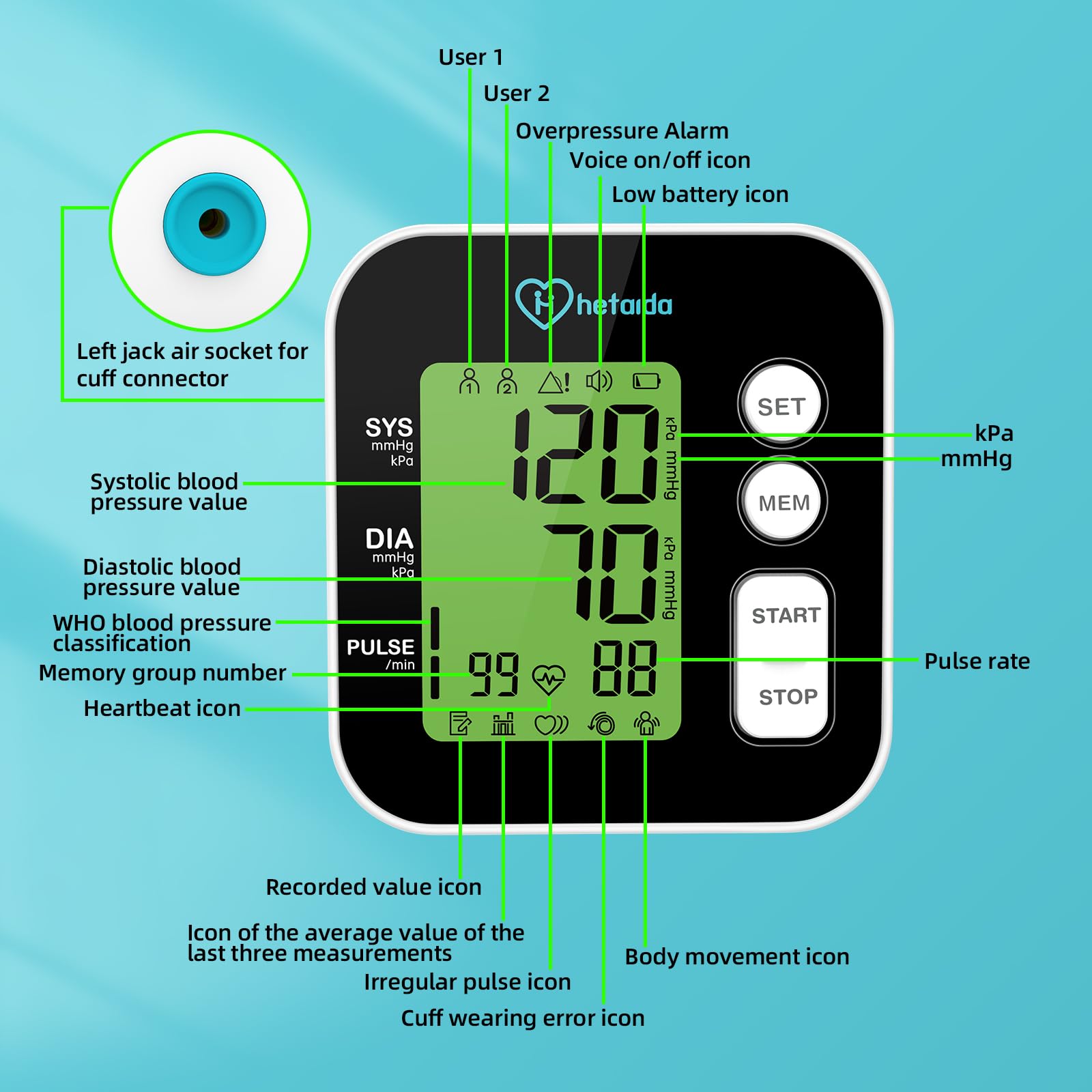 Blood Pressure Monitor, Upper Arm Blood Pressure Machine for Home Use, Digital Talking BP Monitor with 2x99 Readings Memory Adjustable Cuff 8.7