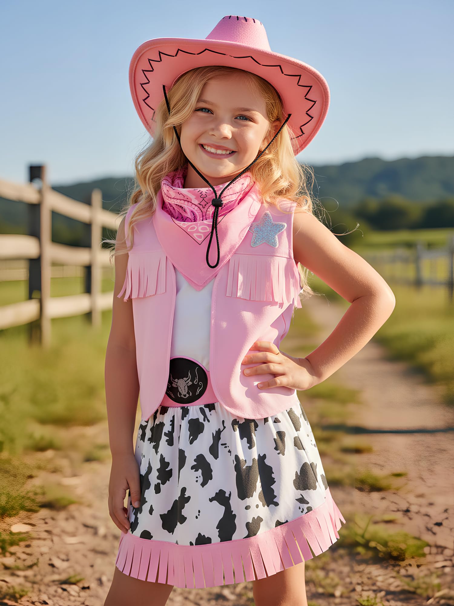 Photo 1 of Nuehoryu Cowgirl Costume for Girls Toddler Western Outfit with Hat and Bandanna (7-8 Years)