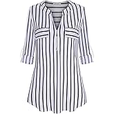 Bulotus 3/4 Length Sleeve Womens Striped Tops Zipper V Neck Collared Blouses Business Casual Tunics 2026 Spring Trendy