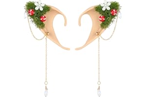 FRESHME Renaissance Mushroom Elf Ears - Soft Fairy Ear Cuff with White Mushroom Moss and Flower Non Piercing Ear Clips Wraps Earrings for Women Cosplay Christmas Halloween Costume Accessories
