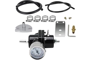 MOJTBE Universal Adjustable Fuel Pressure Regulator Kit Aluminum Gas Oil Injection Pressure Regulator with 0-140 PSI Gauge, AN6-6AN Fuel Line Hoses, Install Tool Accessories (Black)