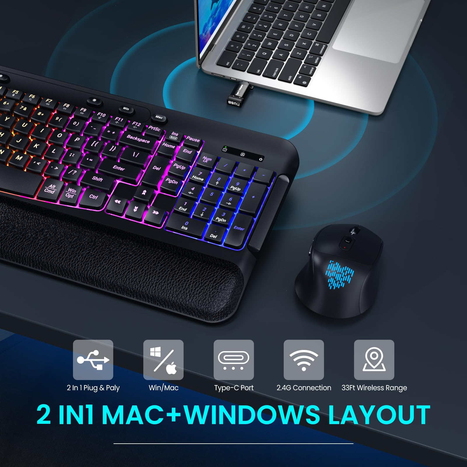 COLIKES Wireless Keyboard and Mouse Combo, Ergonomic Wave, 9 RGB Backlit Effects, Leather Wrist Rest, Rechargeable 2.4G Silent Set for Computer/Windows/Mac, Black