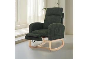 HEVAOTRY Nursery Rocking Chair with Adjustable Footrest for Living Room,Teddy Fabric Rocking Chair with Solid Wooden Legs，Comfortable Lounge Armchair with Side Pockets and High Backrest(Dark Green,Taddy)