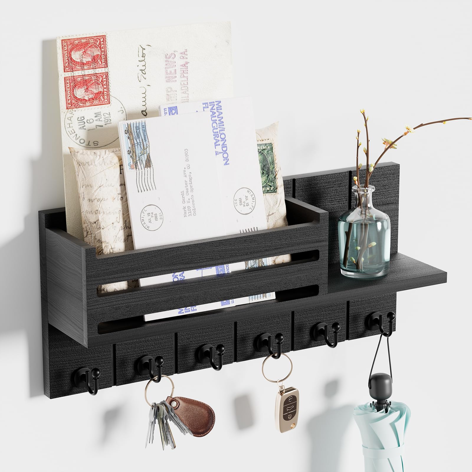 SWTYMIKI Key Holder for Wall - Key Hooks Wall Mounted with Shelf Includes Letter Holder & 6 Hooks, Key Hanger Racks with Mail Organizer for Living Room, Kitchen, Office, Entryway, Bedroom(Black)