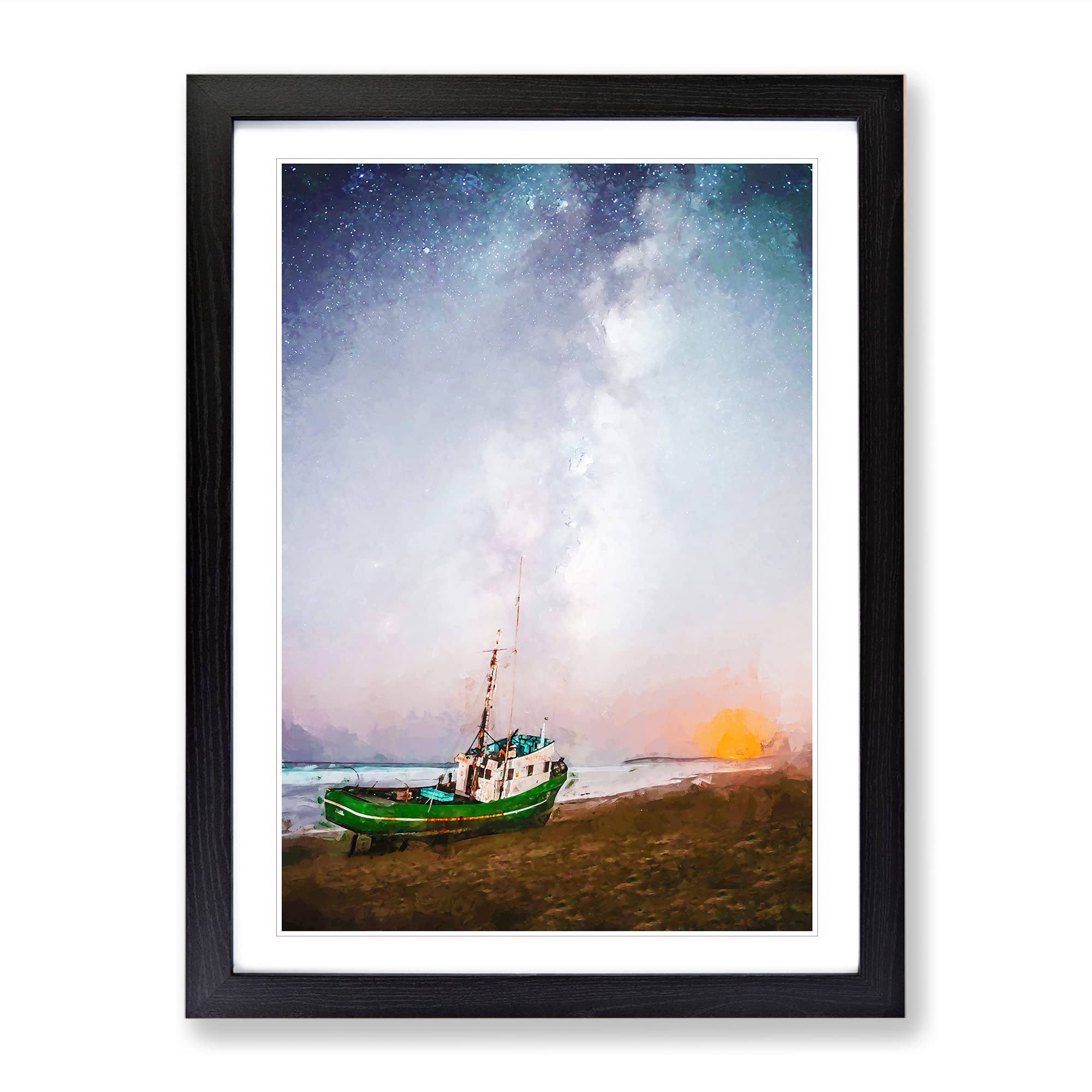 Grounded Fishing Boat At Dusk In Abstract Modern Framed Wall Art Print, Ready to Hang Picture for Living Room Bedroom Home Office Décor, Black A4 (34 x 25 cm)