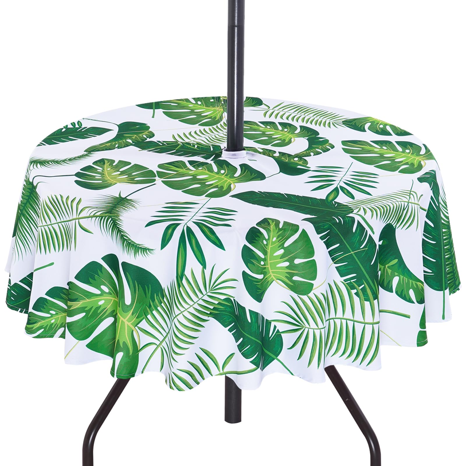 3E Home 152 cm Water Resistant Round Outdoor Tablecloth,Palm Leaf Patio Table Cloth with Parasol Hole and Zipper for Garden Party Picnic