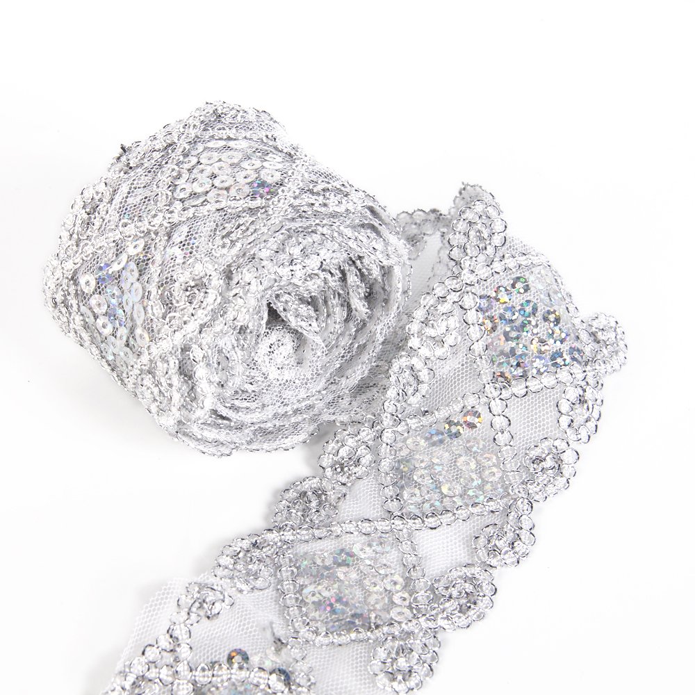 Sequins Lace Mesh Trim Lace Ribbon Applique Sewing Craft Supplies 10 Yards for Clothing Curtain Table Runner Making Decorating (Silver)
