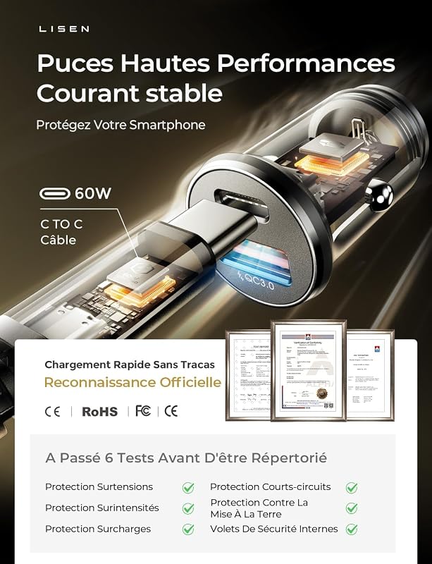 Chargeur Voiture USB C 54W+60W C-C Câble,Chargeur Allume Cigare USB C