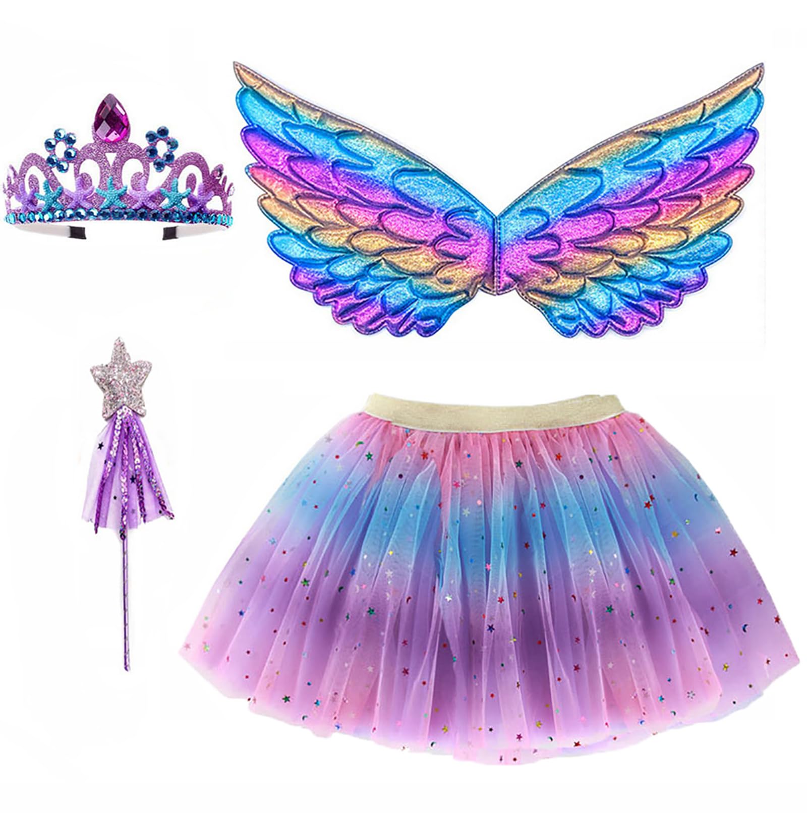 ZJstyle Girls Princess Costume Kids Fancy Dress Girls Fairy Costume Set Princess Tutu Skirt Fairy Dress Up Fantasy Costumes Play with Wings, Wand, Headband & Tutu Fairy Set for 3-8 Years (Purple)