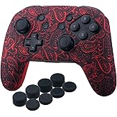 YoRHa Studded Silicone Transfer Print Cover Skin Case ONLY for Nitendo Official Switch Pro Controller x 1(Leaves Red) with Pro Thumb Grips x 8