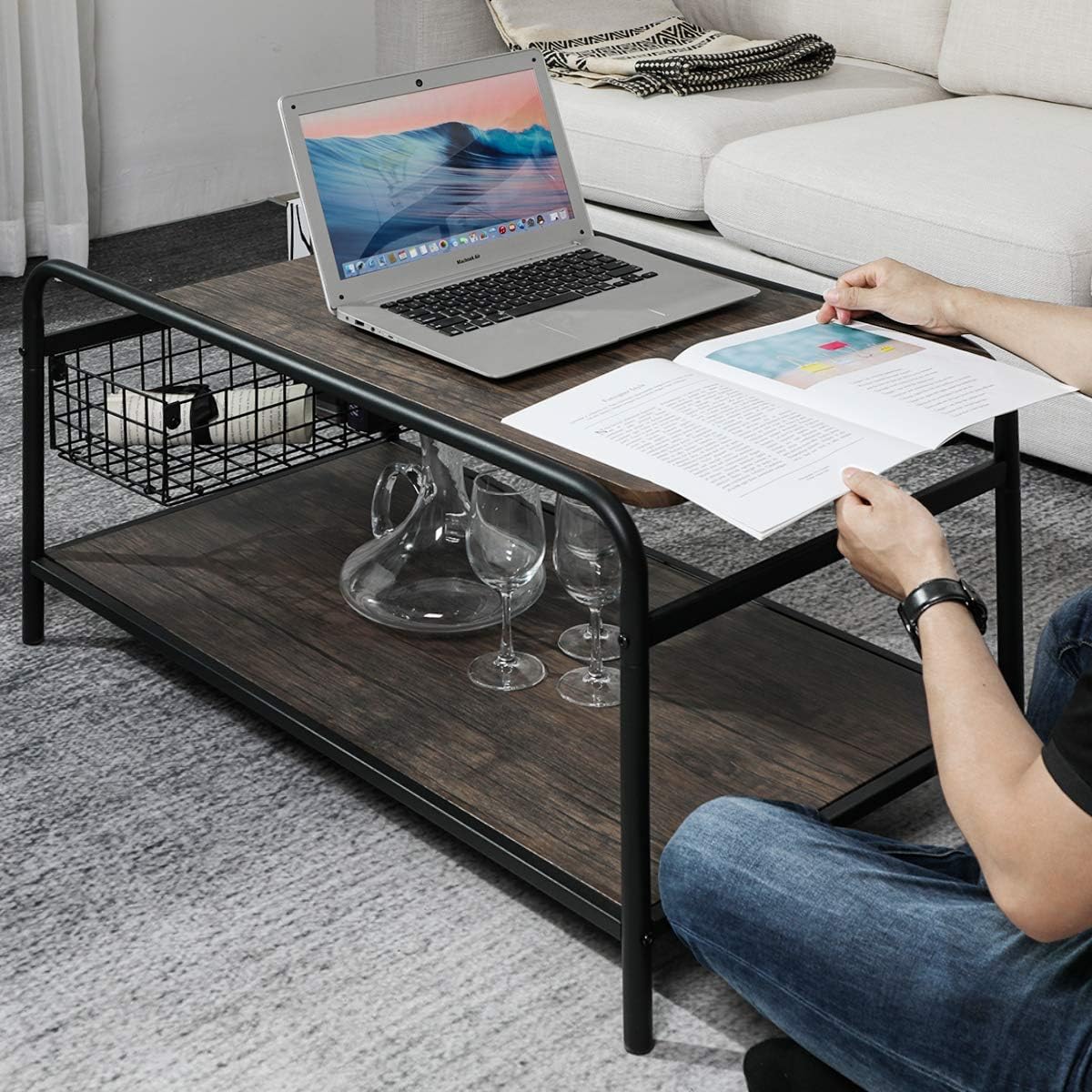 Rustic Coffee Tables with Storage Wood Living Room Tables Industrial Metal Shelf Modern Vintage Sofa Side Tables Cocktail Space Saving Organizer, Walnut Black: Kitchen & Dining