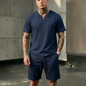 Men's Linen Casual 2-Piece Outfit, Short Sleeve Polo Shirt and Shorts Set, Lightweight Summer Tracksuit